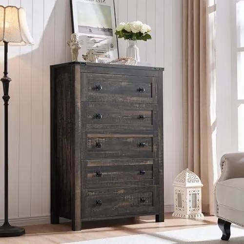 Farmhouse 5-Drawer Tall Dresser in Dark Rustic Oak