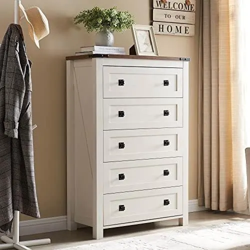 Farmhouse 5-Drawer Tall Dresser in Antique White