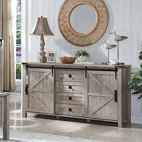Farmhouse Dresser with Sliding Barn Doors in Light Rustic Oak