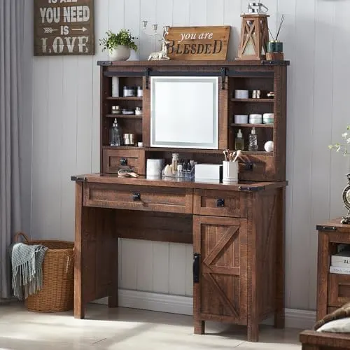 Farmhouse Vanity Desk with Sliding Lighted Mirror in Reclaimed Barnwood