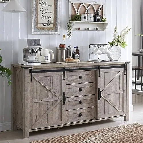 Farmhouse Sideboard with Sliding Barn Doors, 60" in Light Rustic Oak