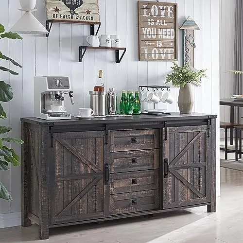 Farmhouse Sideboard with Sliding Barn Doors, 60" in Dark Rustic Oak