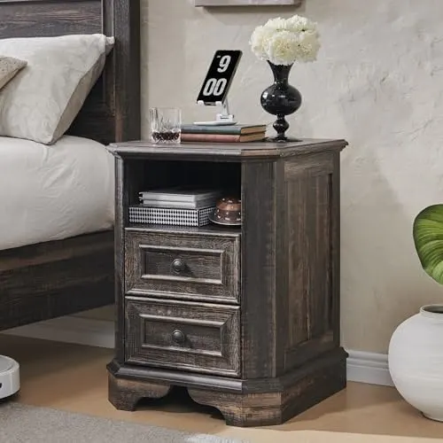 Farmhouse Nightstand Set of 2 with Charging in Dark Rustic Oak