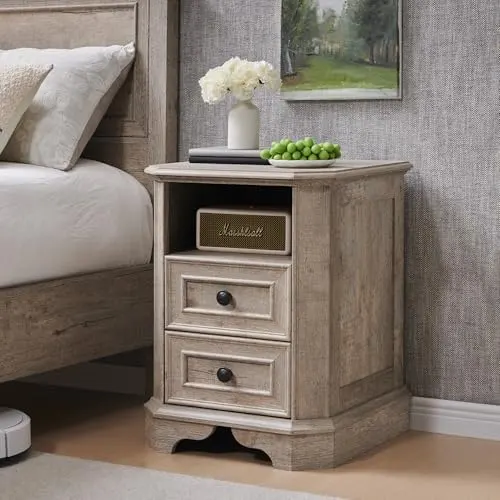 Farmhouse Nightstand Set of 2 with Charging in Light Rustic Oak