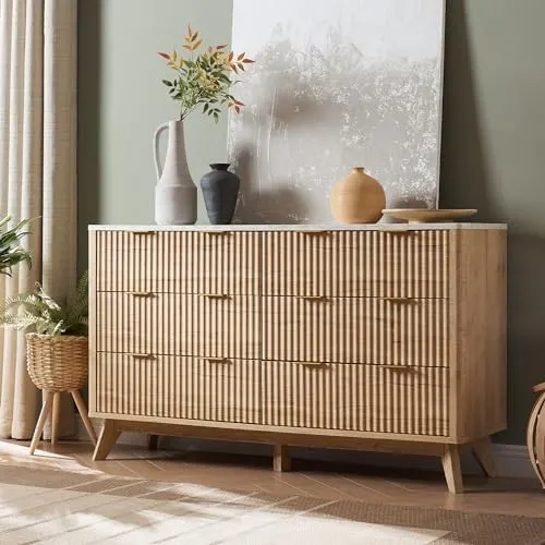 Fluted 5-Drawer Tall Dresser in Natural Oak