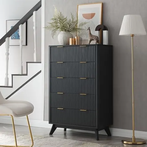 Fluted 5-Drawer Tall Dresser in Dark Grey