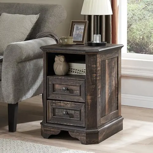 Farmhouse End Table with Charging Station in Dark Rustic Oak