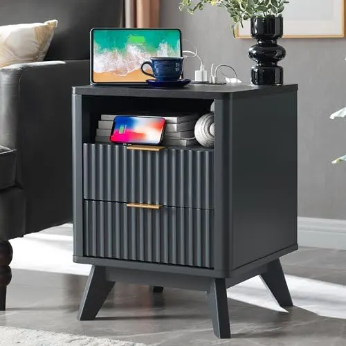 Fluted Nightstand Set of 2, 18" in Dark Grey
