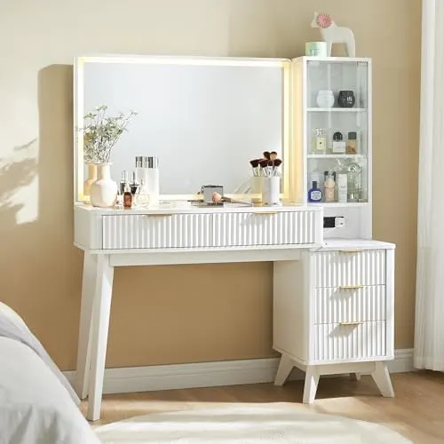 Fluted Vanity Desk with 36" Lighted Mirror in White