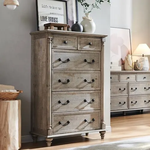 Farmhouse 6-Drawer Dresser with Wood Feet in Light Rustic Oak