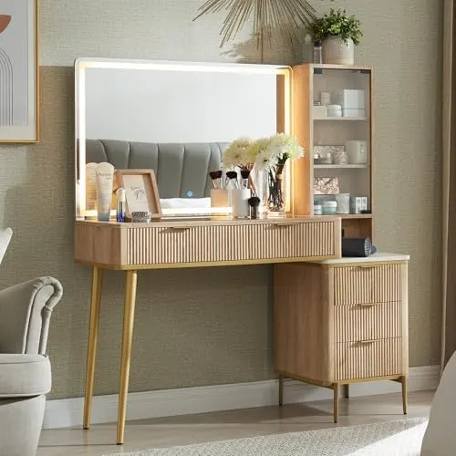 Fluted Vanity Desk with Glass Top & Organizer in Natural Oak