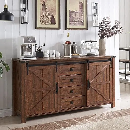 Farmhouse Sideboard with Sliding Barn Doors, 60" in Reclaimed Barnwood