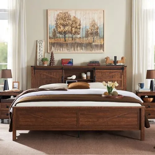 Farmhouse Queen Bed with Barn-Door Bookcase in Reclaimed Barnwood Color
