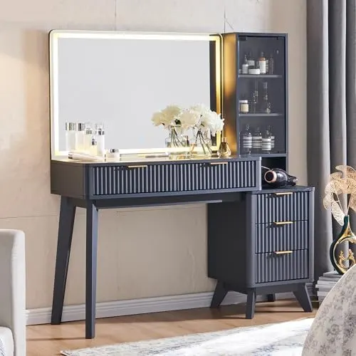 Fluted Vanity Desk with 36" Lighted Mirror in Dark Grey