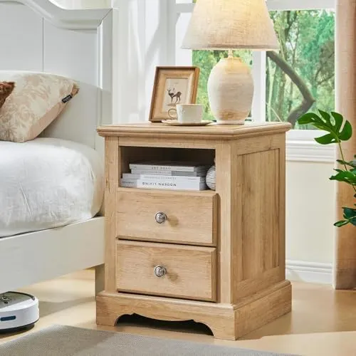 Vintage Nightstand with USB Charging, 18" in Natural Oak