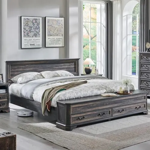 Farmhouse King Bed with 80" Chest (Dark Rustic Oak) in Dark Rustic Oak