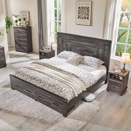 Farmhouse Bed with 54" Tall Headboard in Dark Rustic Oak