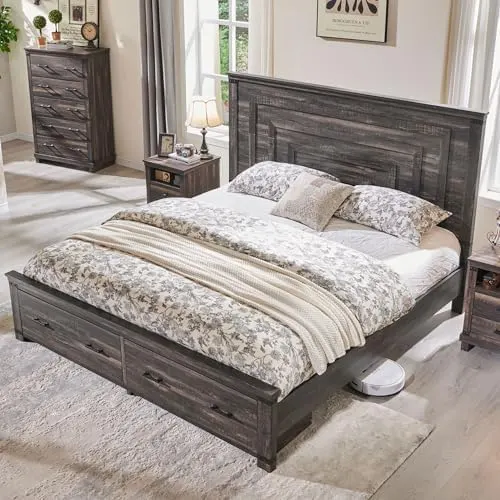 Farmhouse Bed with 54" Tall Headboard in Dark Rustic Oak