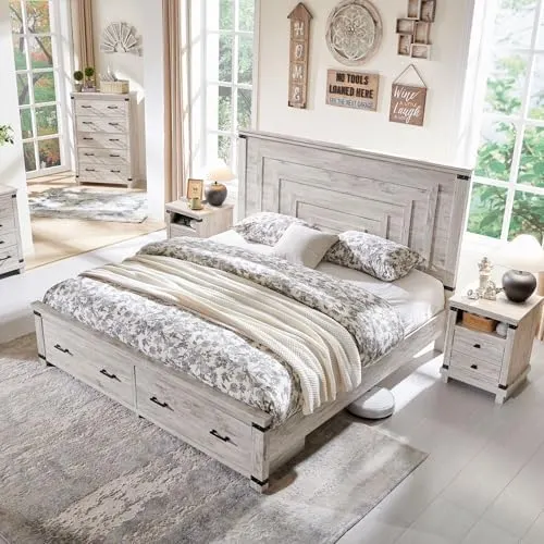 Farmhouse Bed with 54" Tall Headboard in Antique Brush White
