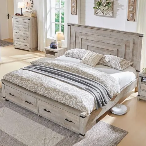 Farmhouse Bed with 54" Tall Headboard in Light Rustic Oak