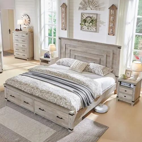 Farmhouse Bed with 54" Tall Headboard in Light Rustic Oak