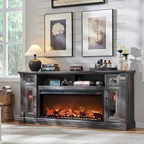 Farmhouse Fireplace TV Stand for 80" TVs in Dark Rustic Oak