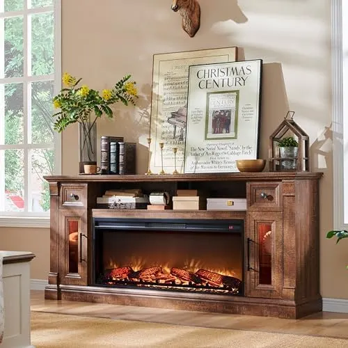Farmhouse Fireplace TV Stand for 80" TVs in Reclaimed Barnwood Color