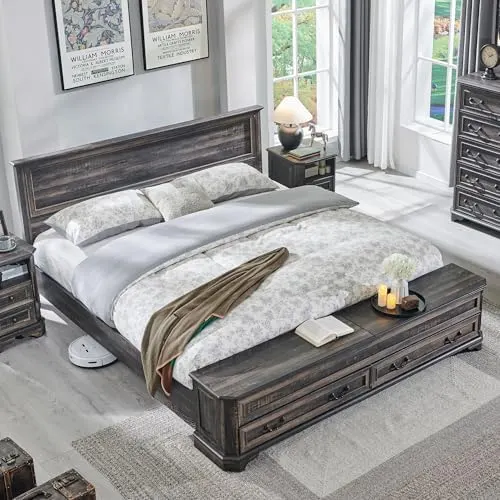 Farmhouse Bed with Storage Bench in Dark Rustic Oak