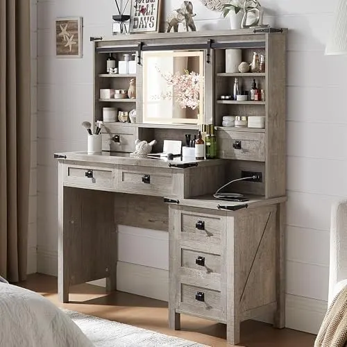 Farmhouse Vanity Desk with Sliding Lighted Mirror in Light Rustic Oak