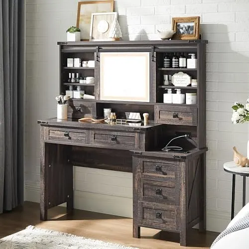 Farmhouse Vanity Desk with Sliding Lighted Mirror in Dark Rustic Oak