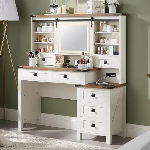 Farmhouse Vanity Desk with Sliding Lighted Mirror