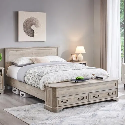 Farmhouse Bed with Storage Bench in Light Rustic Oak