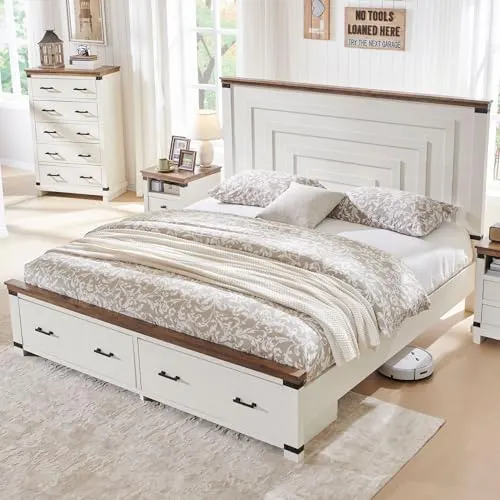 Farmhouse Bed with 54" Tall Headboard in Antique White