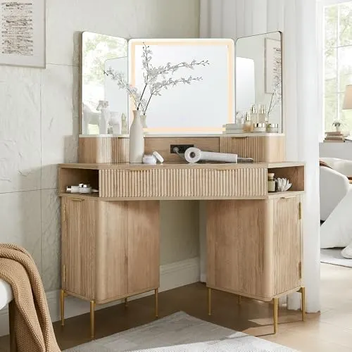 Corner Vanity with Lighted Triple Mirror in Natural Oak