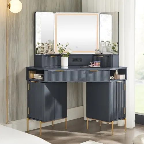 Corner Vanity with Lighted Triple Mirror in Dark Grey