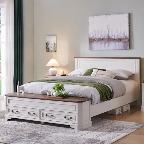 Farmhouse Bed with Storage Bench in Antique White