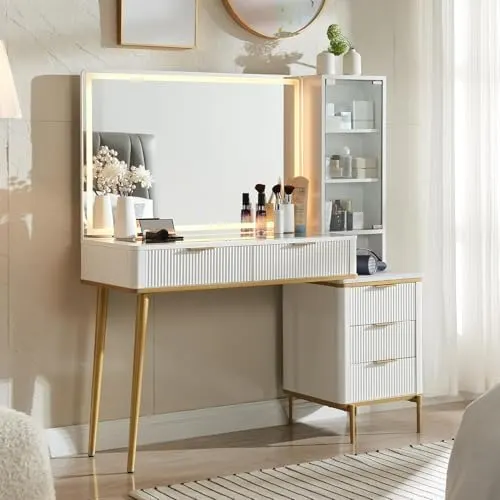 Fluted Vanity Desk with Glass Top & Organizer in White