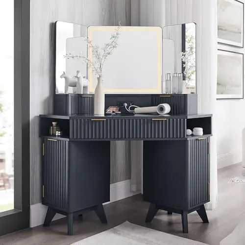 Fluted Corner Vanity with 3-Way Mirror in Dark Grey