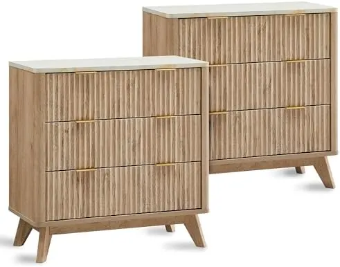 Large Fluted Nightstand Set of 2, 32" in Natural Oak