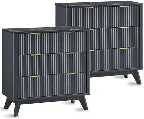 Large Fluted Nightstand Set of 2, 32" in Dark Grey