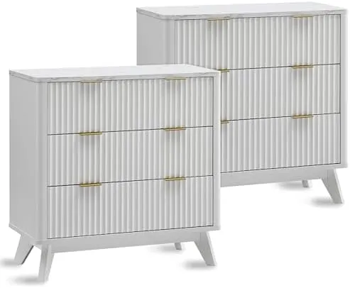 Large Fluted Nightstand Set of 2, 32" in Solid White