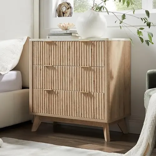 Large Fluted Nightstand Set of 2, 32" in Natural Oak