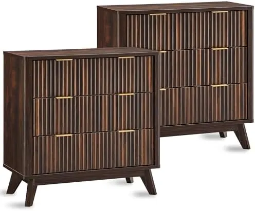 Large Fluted Nightstand Set of 2, 32" in Dark Walnut