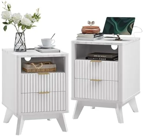 Fluted Nightstand Set of 2, 18" in Solid White