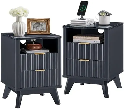 Fluted Nightstand Set of 2, 18" in Dark Grey