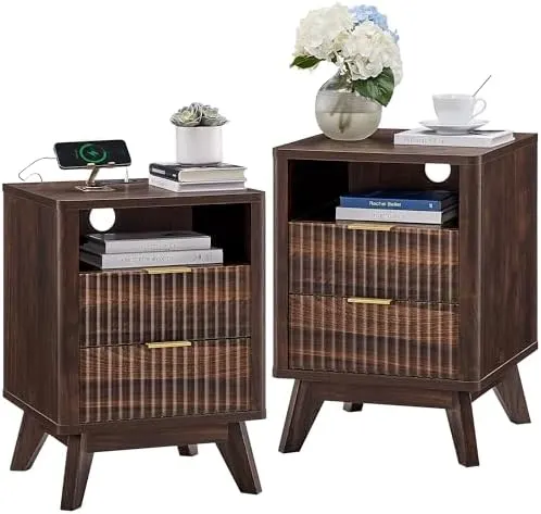 Fluted Nightstand Set of 2, 18" in Dark Walnut