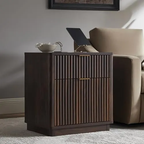 Fluted Nightstand with Charging Station, 23" in Dark Walnut
