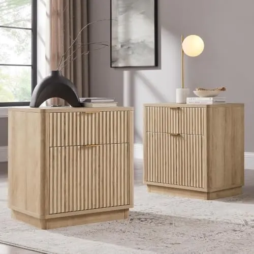 Fluted Nightstand with Charging Station, 23" in Natural Oak