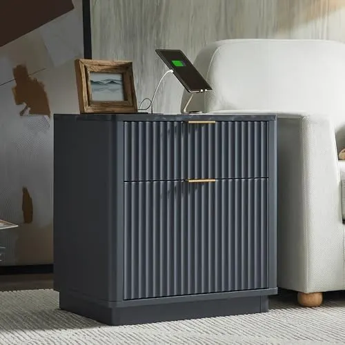Fluted Nightstand with Charging Station, 23" in Dark Grey