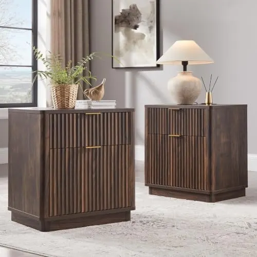 Fluted Nightstand with Charging Station, 23" in Dark Walnut